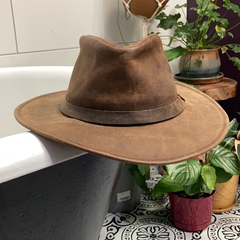 RARE Goorin Bros North Fork wide brim fedora 100% leather USA made size M #1